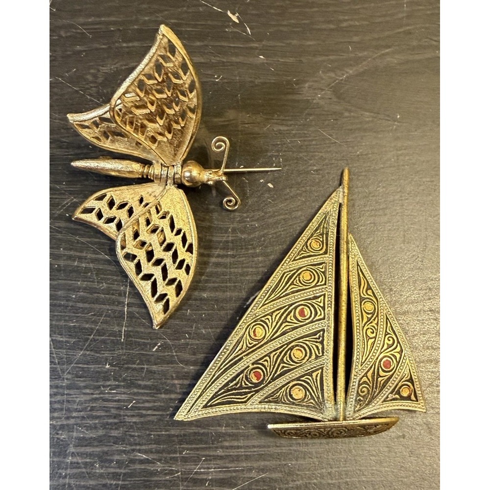 Vintage Sailboat Brooch Gold Brass & Articulated Gold Tone Butterfly Pin Set